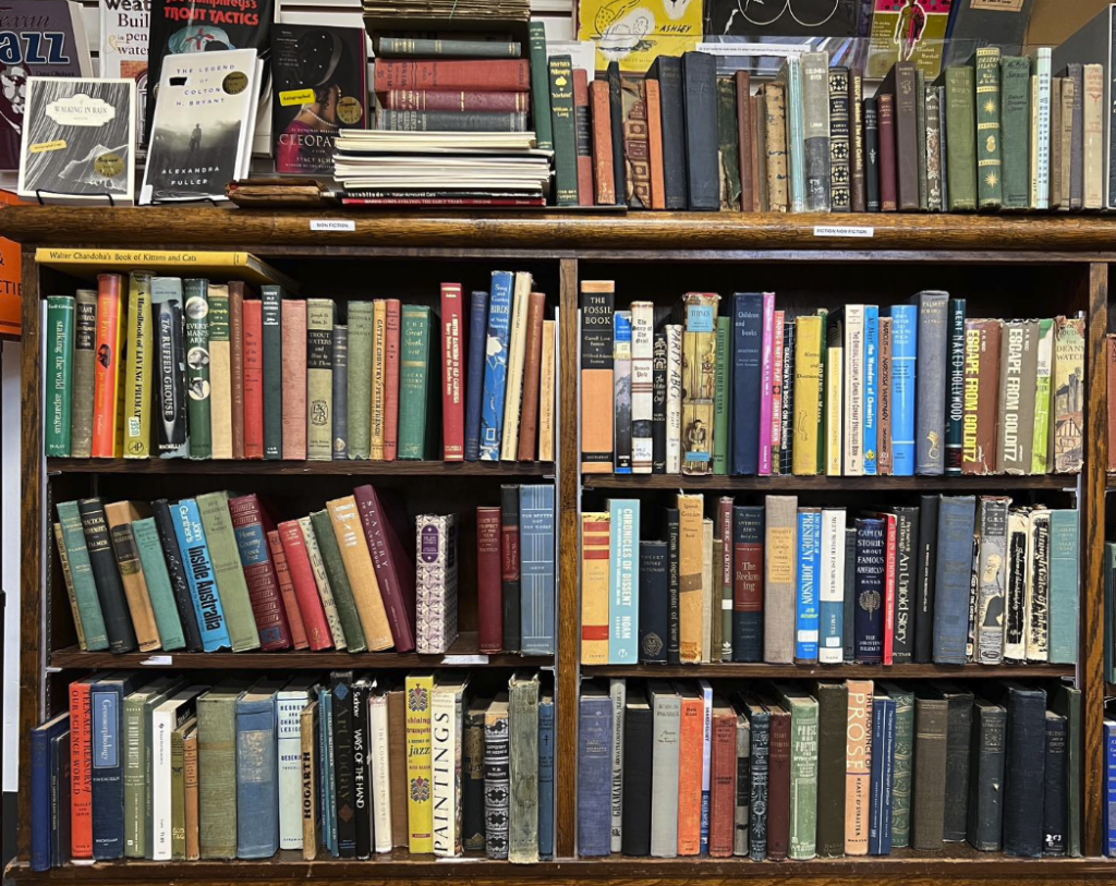 Some fully stacked shelves by the Oregon County Library Friends