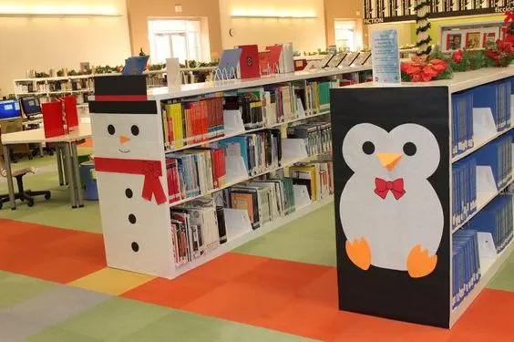 penguin and snowman themed shelves